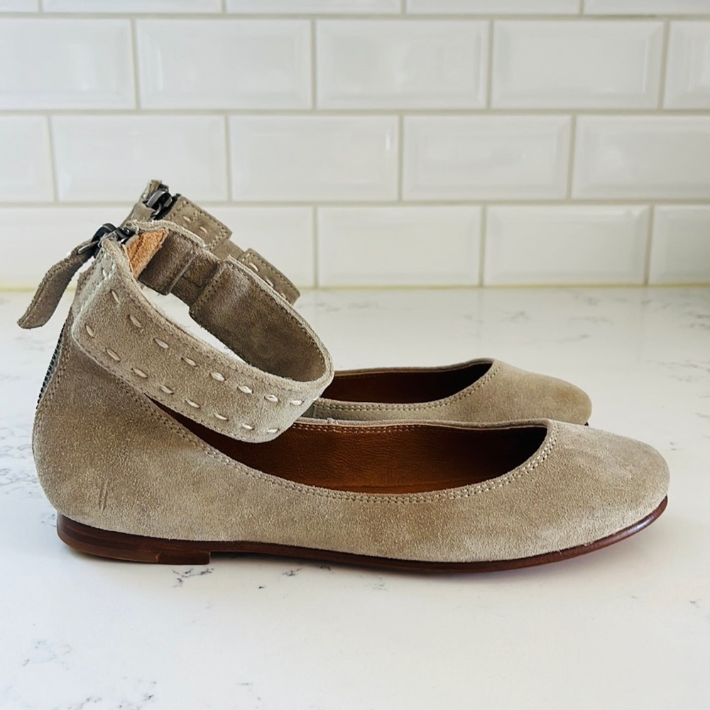 Frye Ash Suede Carson Ankle Strap Ballets Flats - Picture 6 of 14